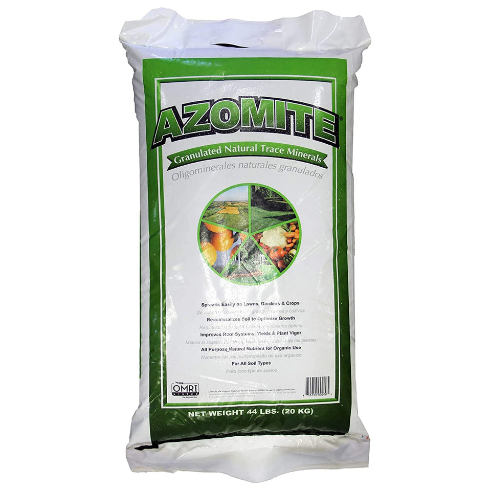 Azomite granulated trace mineral fertilizer showing nutrient-rich granules for soil enrichment.