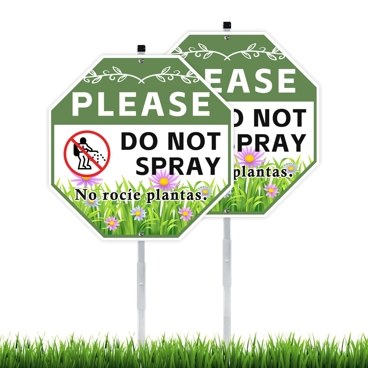 AzReference do-not-spray sign two-pack with stake installed in a sunny yard for outdoors