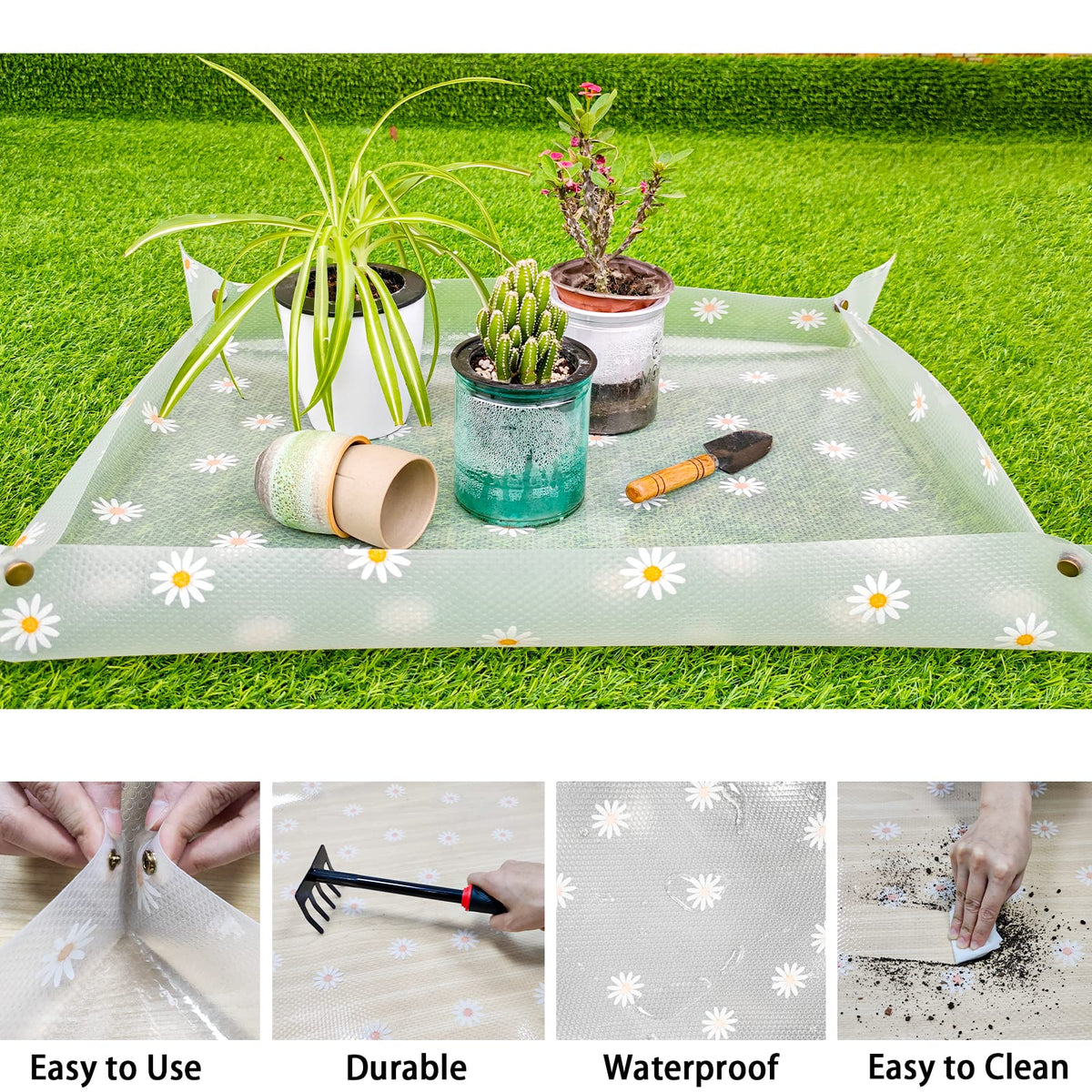 Azureblue clear mat with daisy pattern laid on workspace.