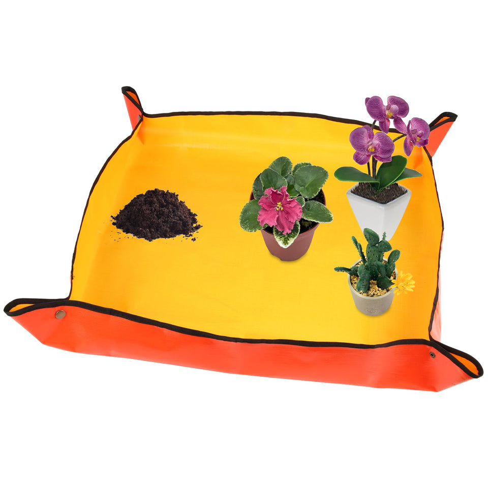 Azureblue repotting mat orange folded to keep workspace tidy during potting.