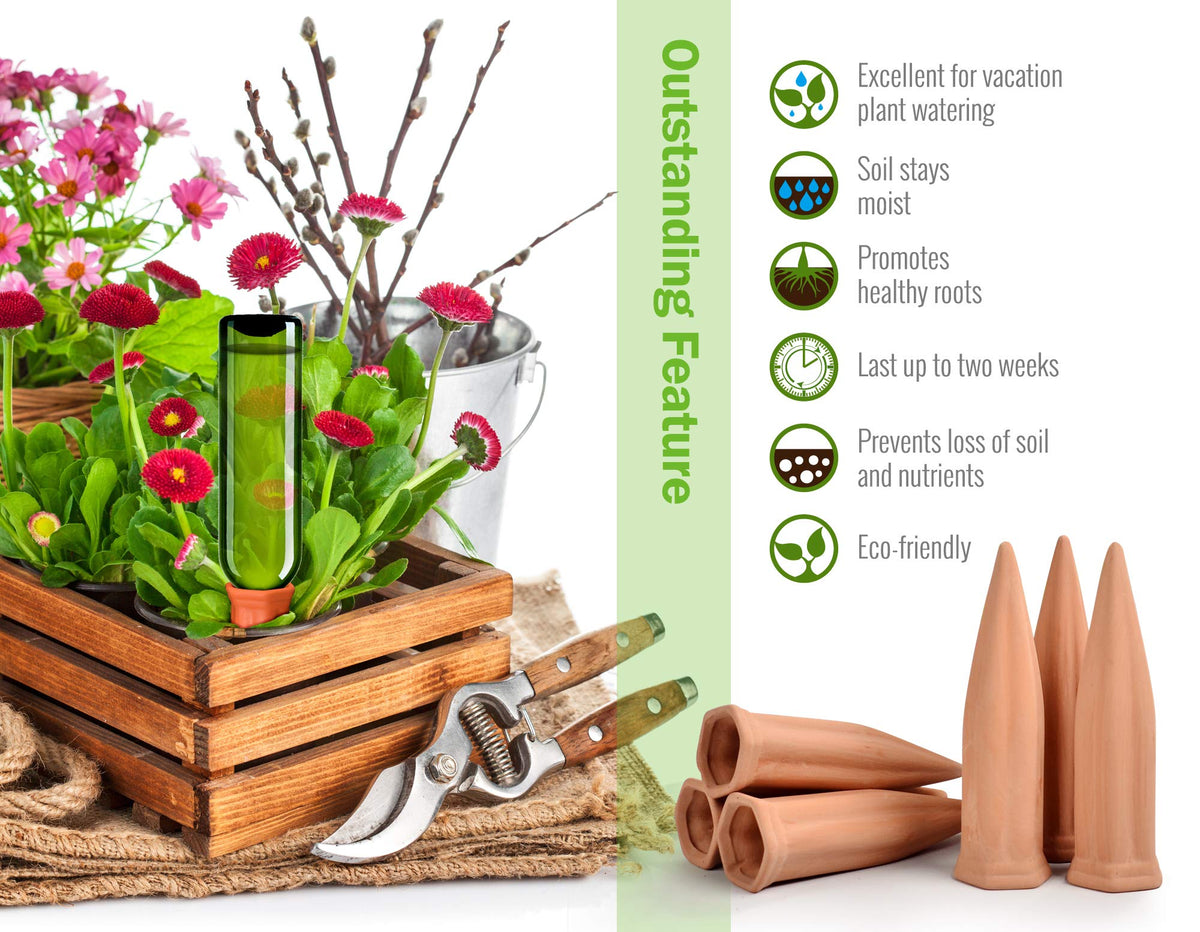B SEPOR terracotta watering stake stands 7 inches tall for even moisture.