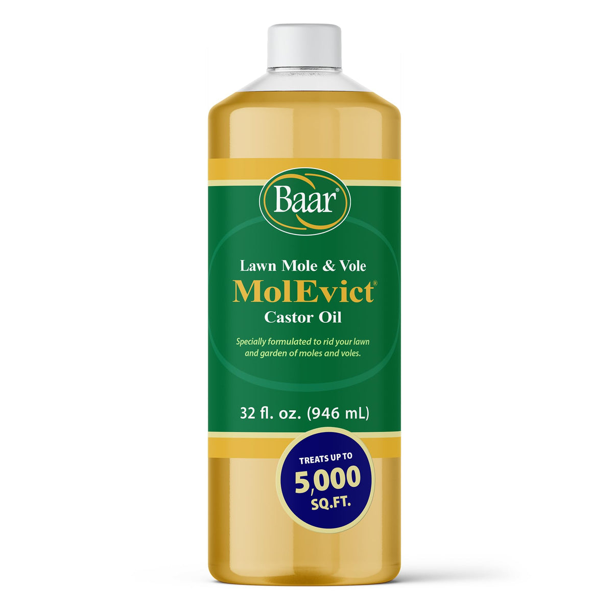 Baar MolEvict bottle front view for lawn pest deterrence.