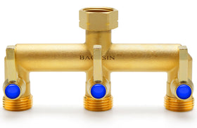 BACASIN brass garden hose splitter displays 3-way outlets for simultaneous watering.