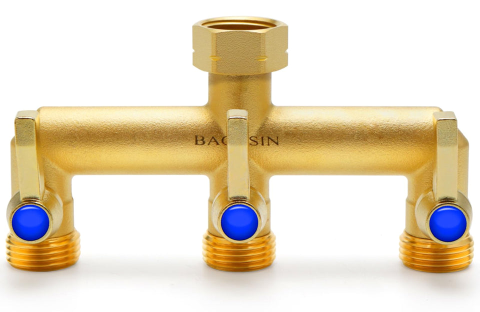 BACASIN brass garden hose splitter displays 3-way outlets for simultaneous watering.