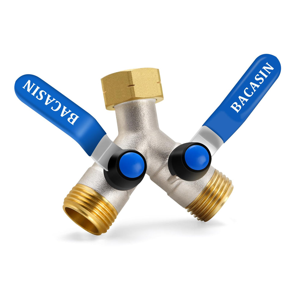 BACASIN brass 2-way hose splitter enabling simultaneous watering at one source.