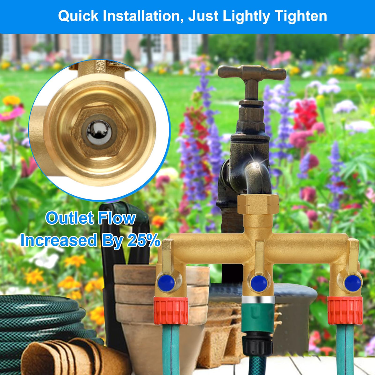BACASIN three-way hose diverter showing independent valves for simultaneous connections