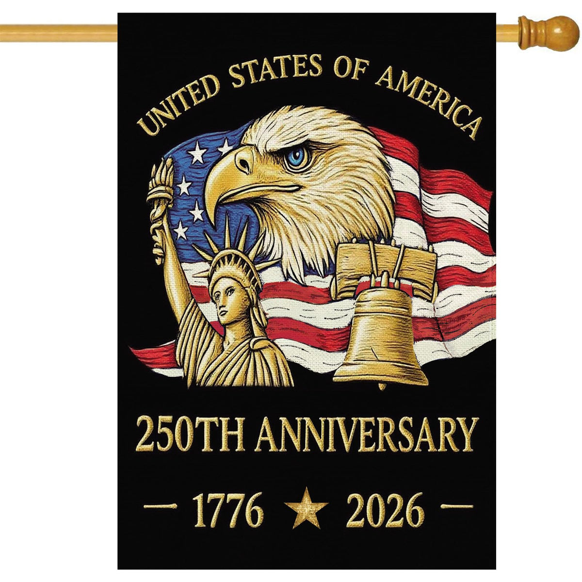 Baccessor 250 Years flag front view in yard, vibrant patriotic design