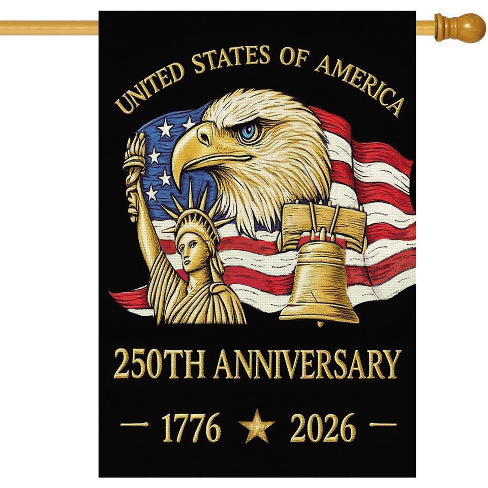 Baccessor 250 Years flag front view in yard, vibrant patriotic design