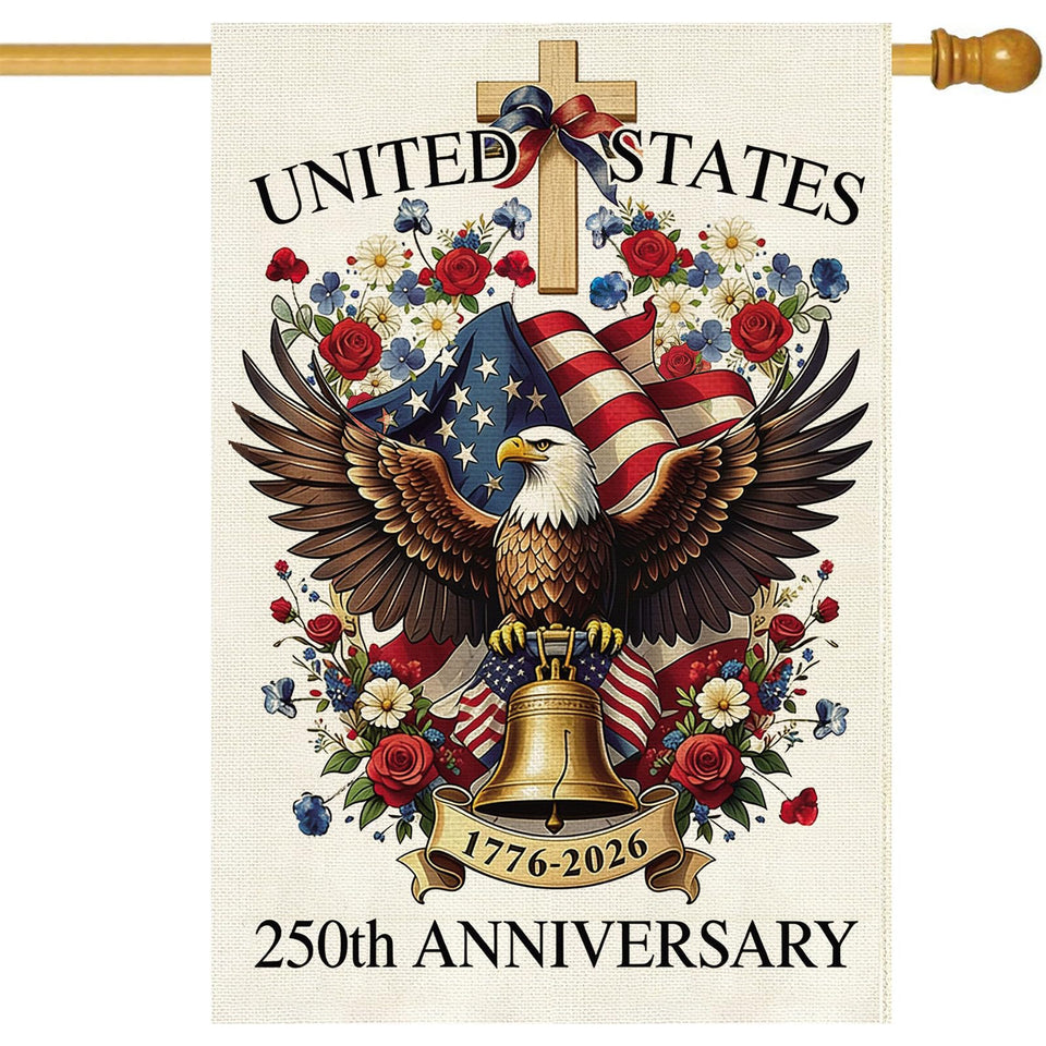 Baccessor 250 Years USA House Flag front view on porch, boosting patriotic curb appeal