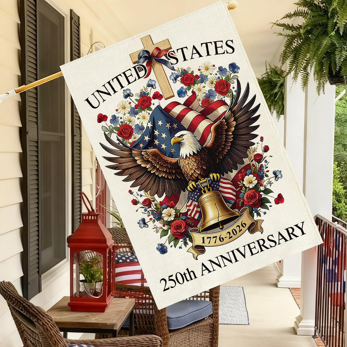 Baccessor 250 Years USA House Flag on a flagpole demonstrates easy outdoor installation