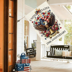 Baccessor 250 Years USA House Flag on porch enhances seasonal outdoor decor
