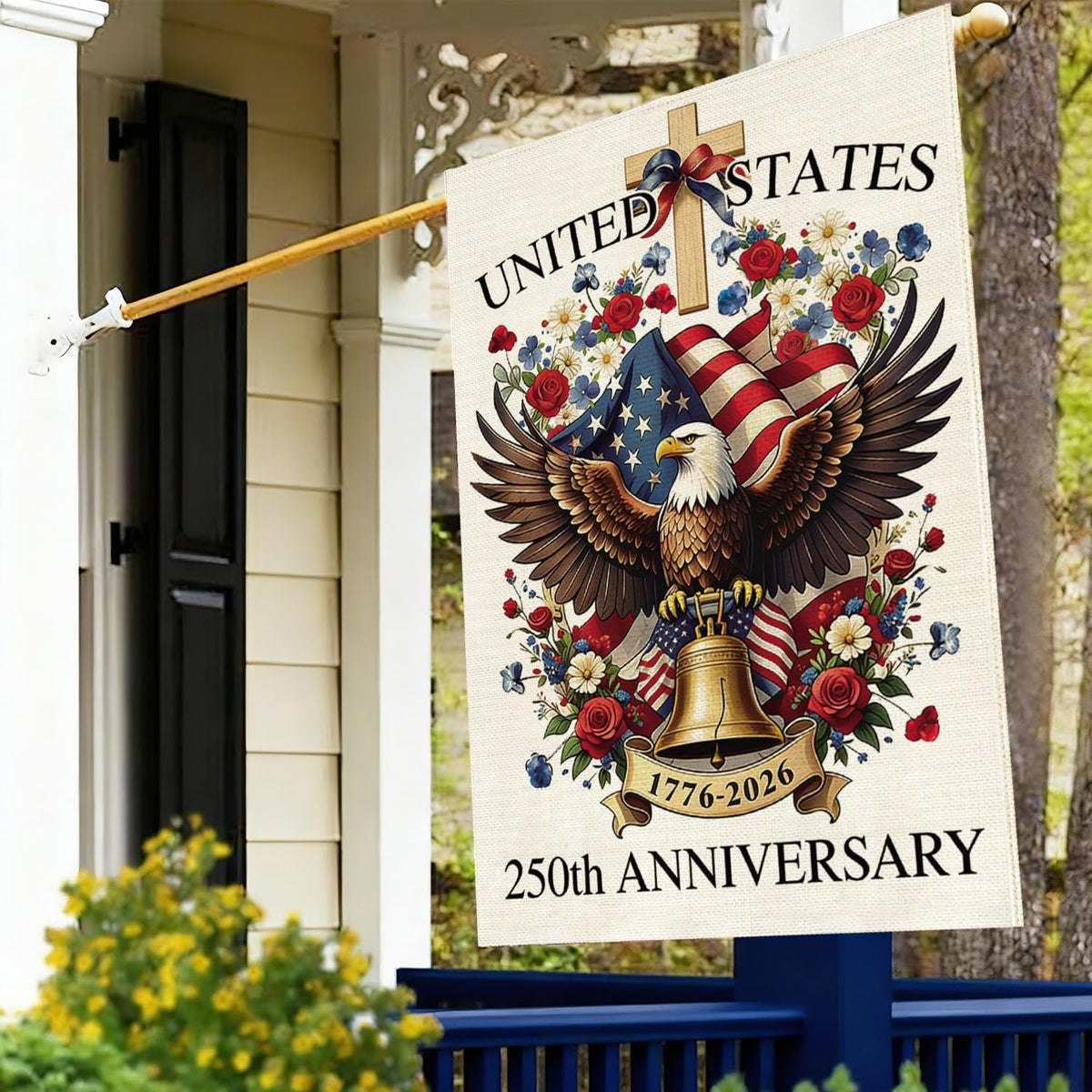 Baccessor flag demonstrates weatherproof burlap resisting wind and rain for lasting display