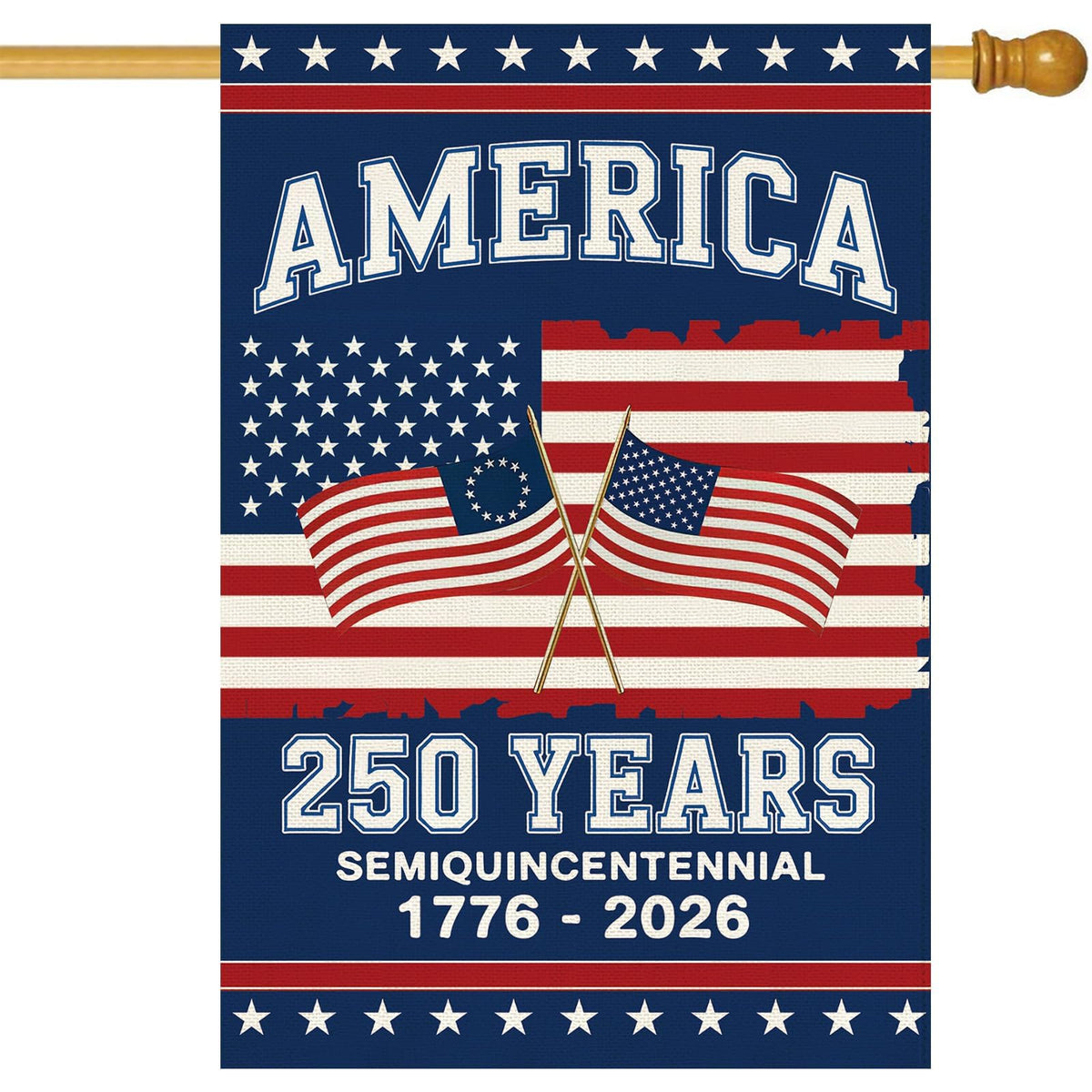 Baccessor 250th anniversary flag front view with double-sided print for outdoor display.