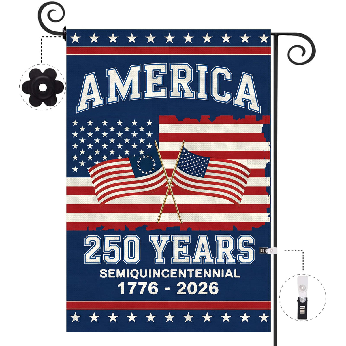 Baccessor 250th Anniversary flag, double-sided, ideal for outdoor displays and celebrations.