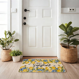 Blue yellow floral rug suitable for indoor or outdoor spaces with timeless style.