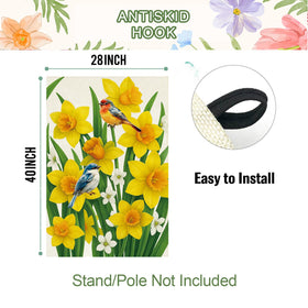 Baccessor Bluebirds and daffodils flag detail enhances garden appeal.