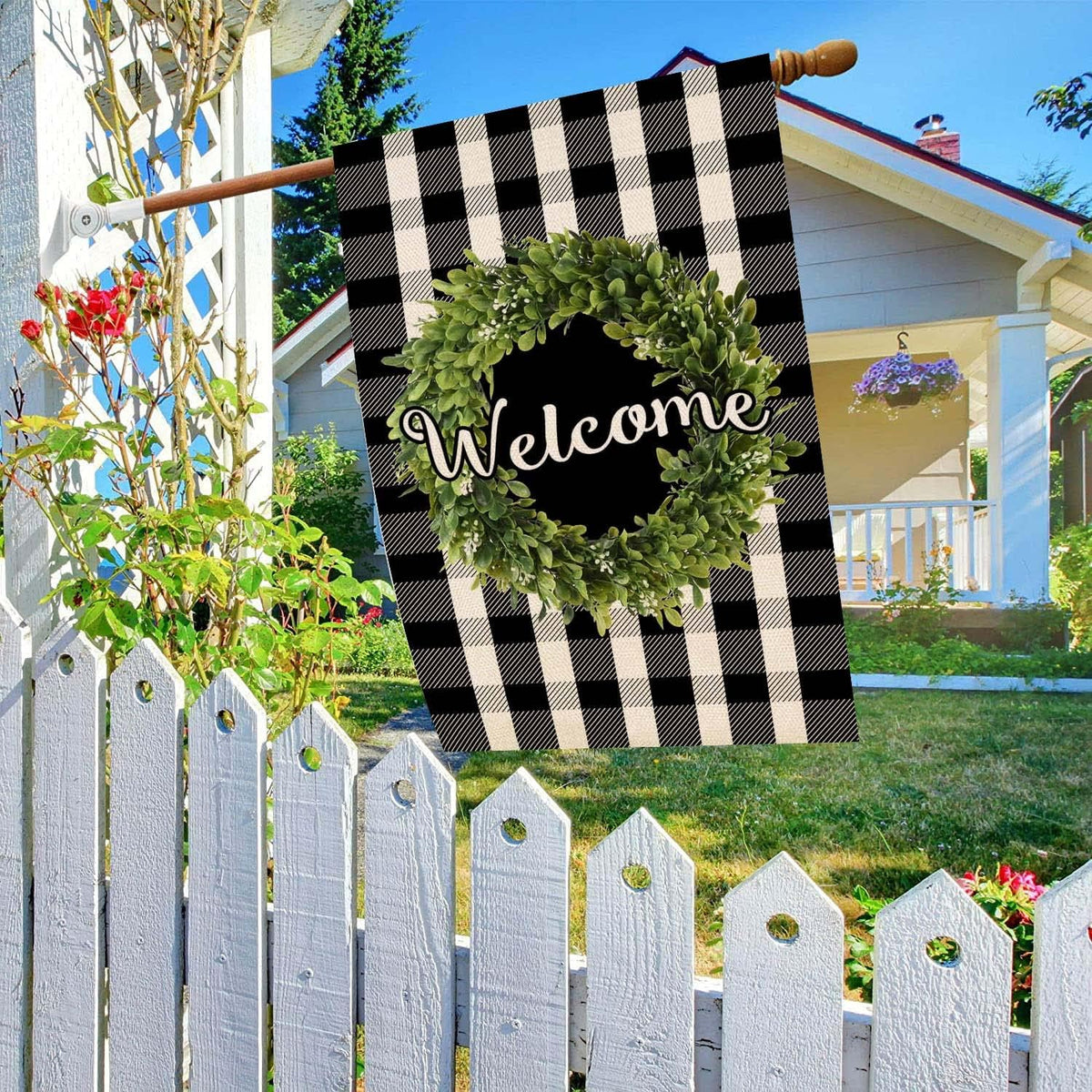 Baccessor Boxwood Wreath Welcome Flag back view, double-sided design reads correctly from both sides.