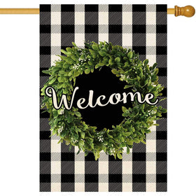 Baccessor Boxwood Wreath Welcome Flag front view, durable two-layer burlap for year-round outdoor use.