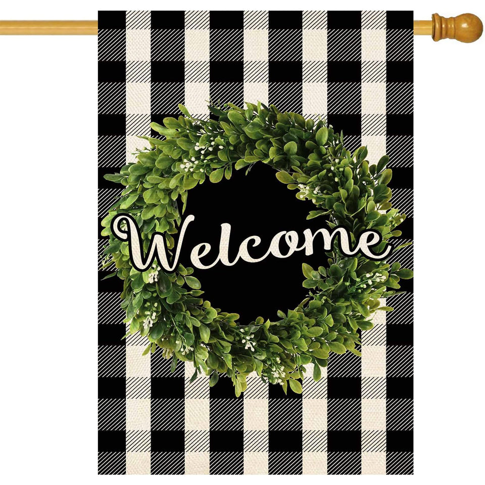 Baccessor Boxwood Wreath Welcome Flag front view, durable two-layer burlap for year-round outdoor use.