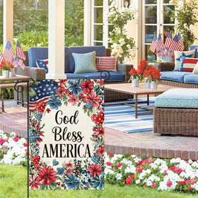 Baccessor burlap double-sided America flag 12-5x18, durable for all-season outdoor use.