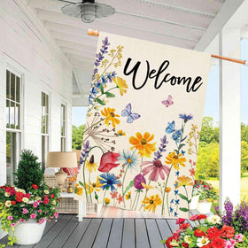 Baccessor butterfly accent flag enhances yard decor with seasonal color.