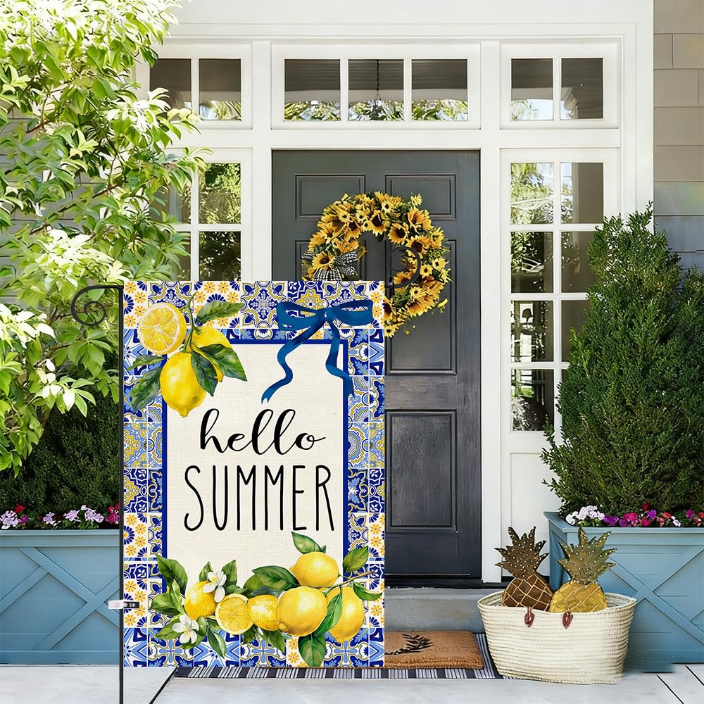 Baccessor Capri Blue Tiles lemon welcome motif brightens outdoor entry.