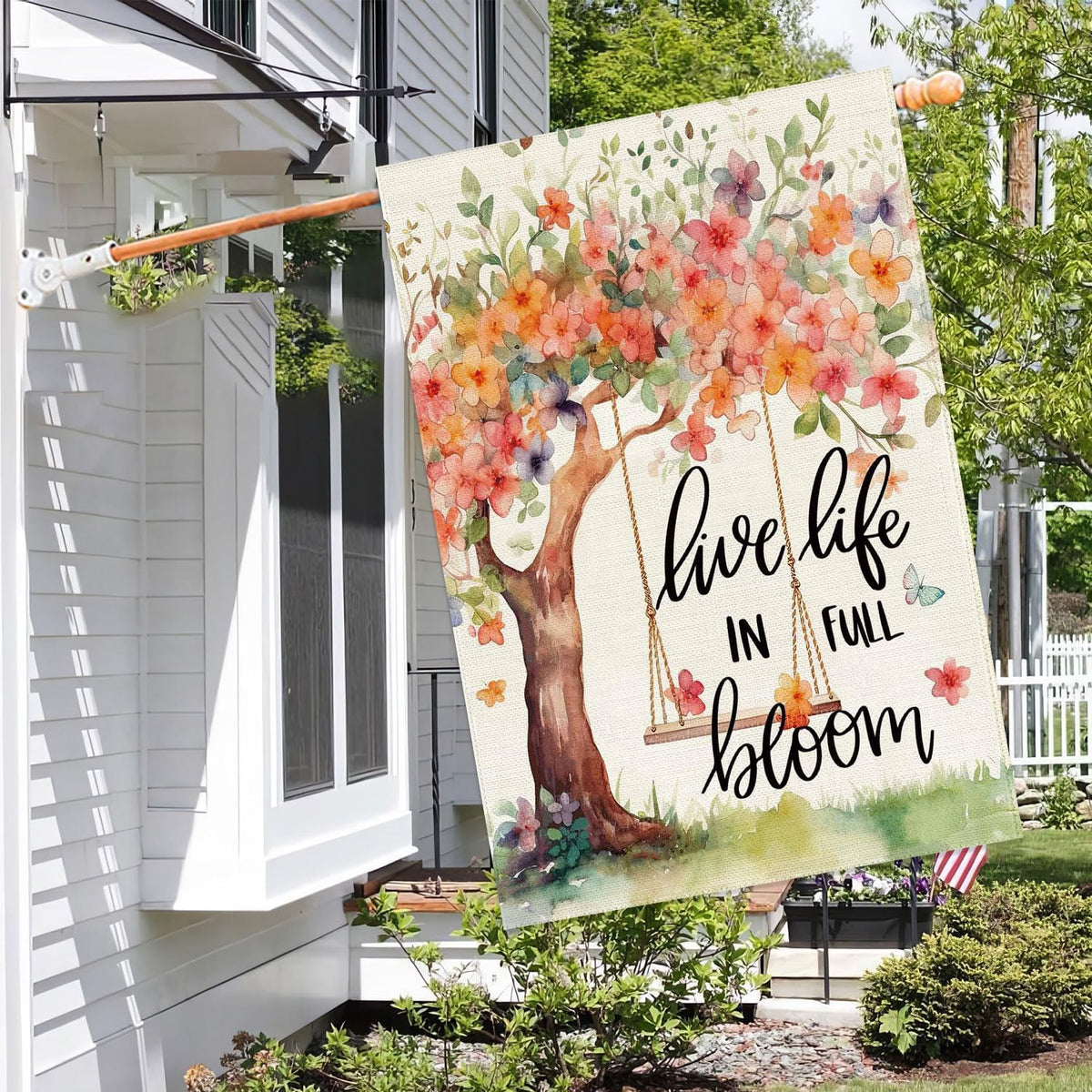 Baccessor Double-sided burlap flag, durable weatherproof material ideal for year-round porch decor.