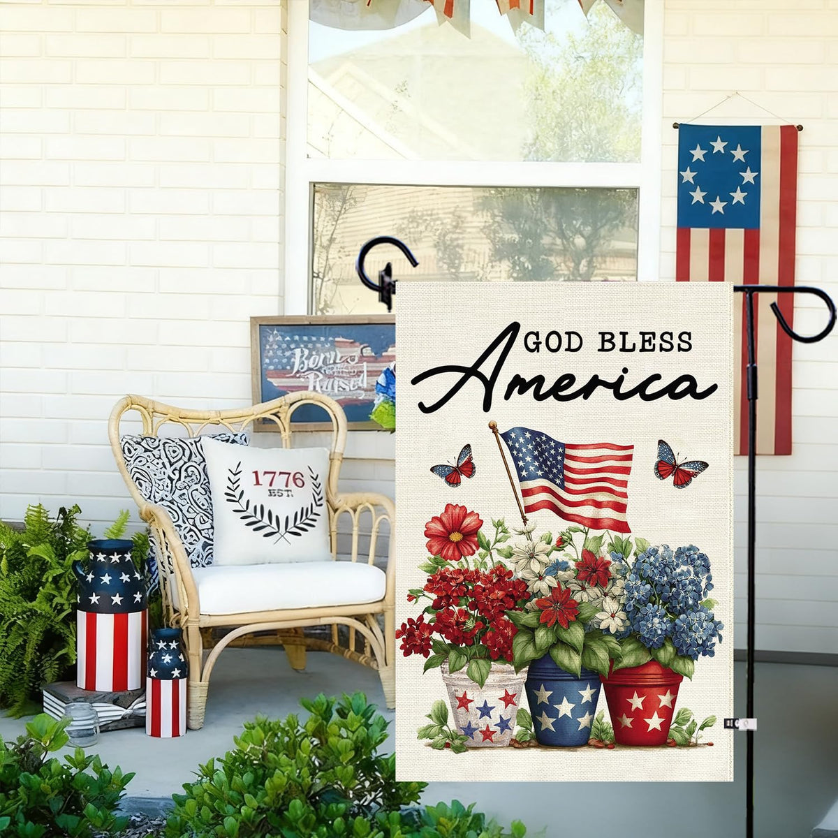 Baccessor double-sided burlap flag visible from both sides
