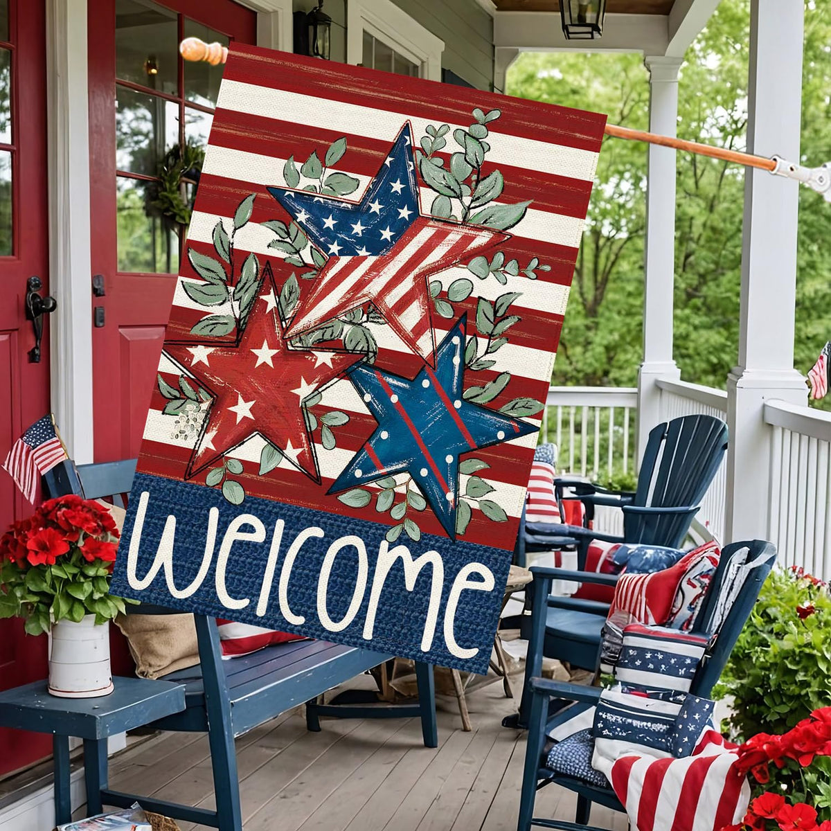 Baccessor double-sided burlap flag visible from both angles