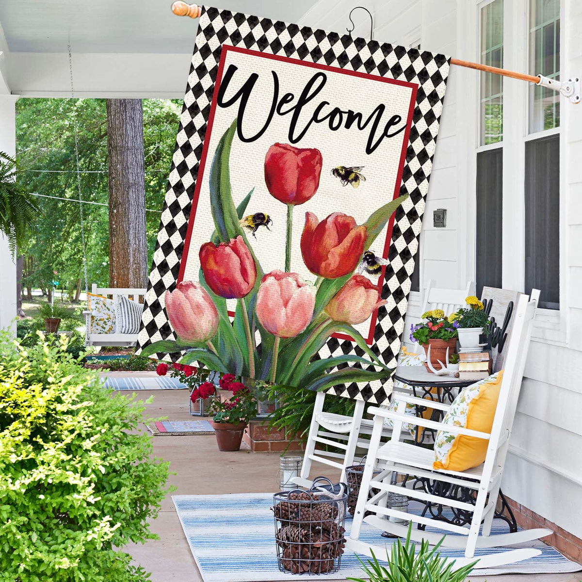 Baccessor double-sided burlap flag showcases clear welcome message from both sides