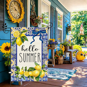 Baccessor double-sided lemon garden flag visible from both sides.