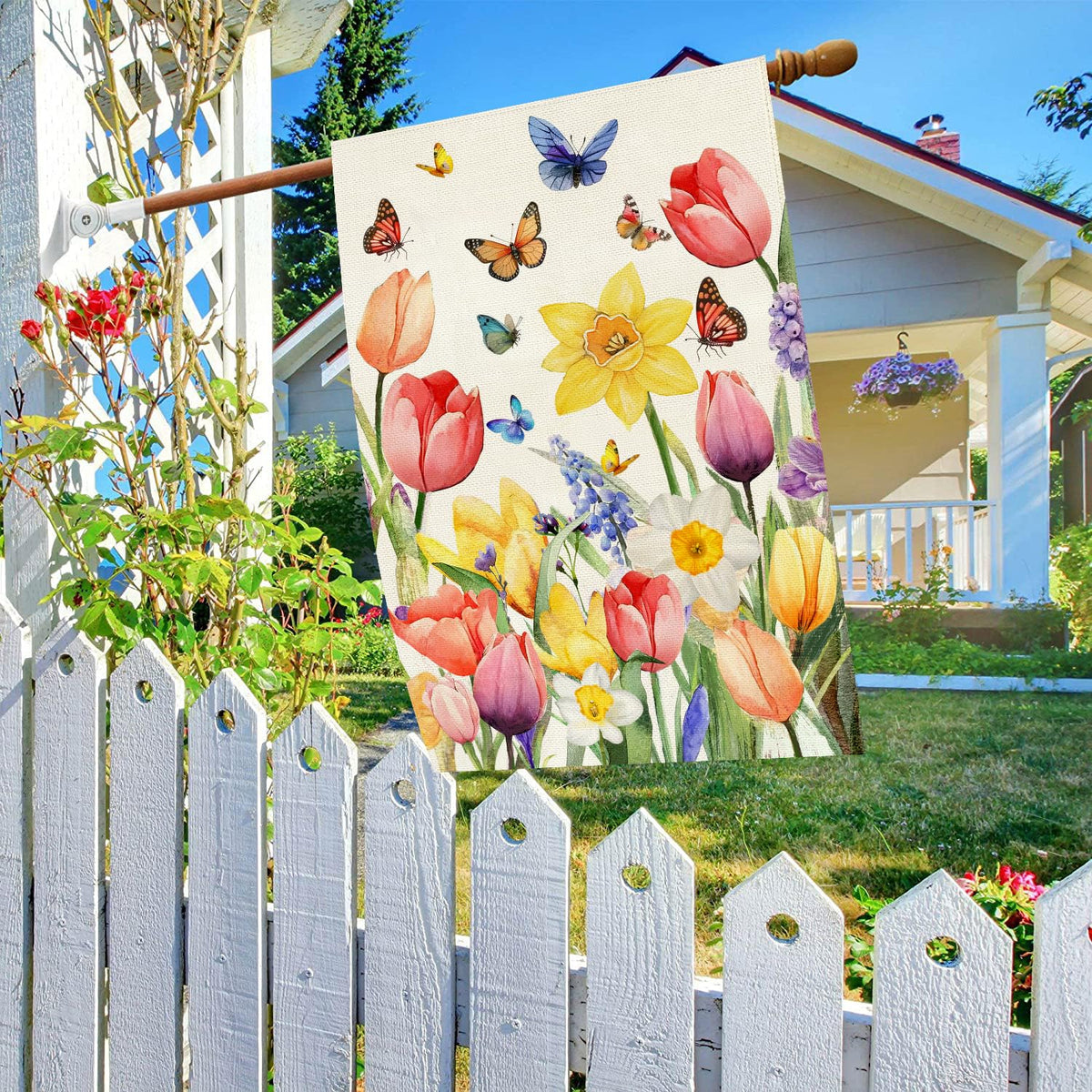 Baccessor Butterfly motif flag close-up emphasizes bright spring imagery