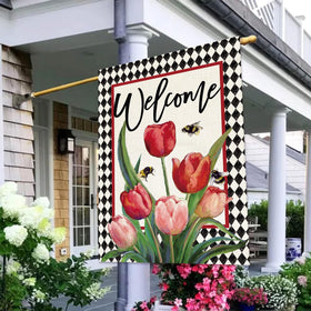 Baccessor floral buffalo plaid yard flag combines seasonal bloom with rustic style