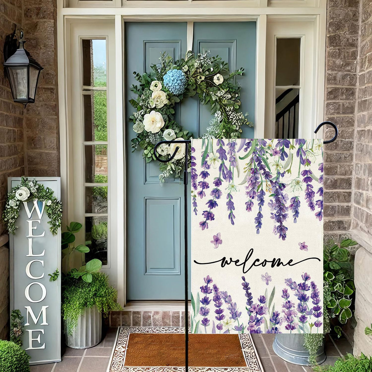 Baccessor floral lavender design brightens entry with seasonal welcome vibe.