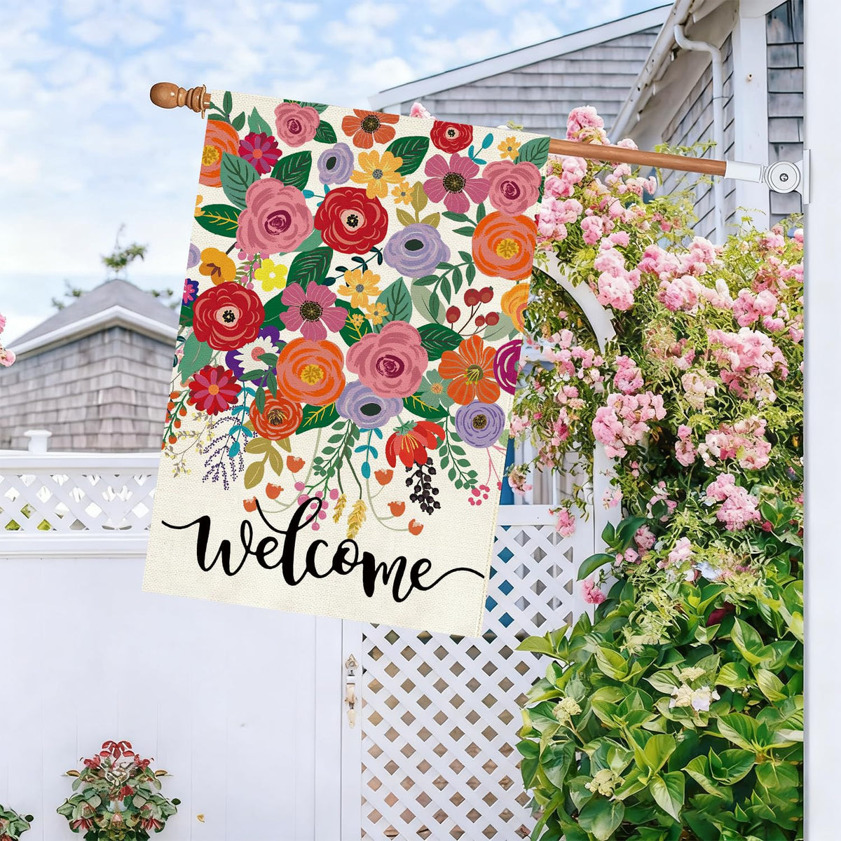 Baccessor floral flag; porch decor with bright, eye-catching colors.