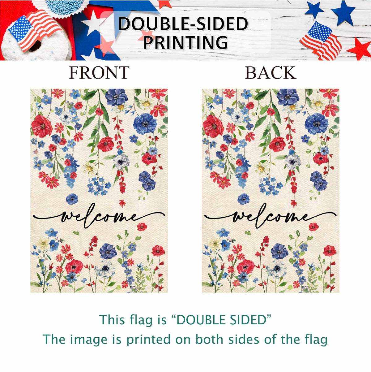 Baccessor floral patriotic motif adds festive flair to garden or porch.