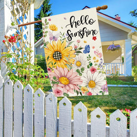 Baccessor floral welcome flag displayed on a porch or garden gate