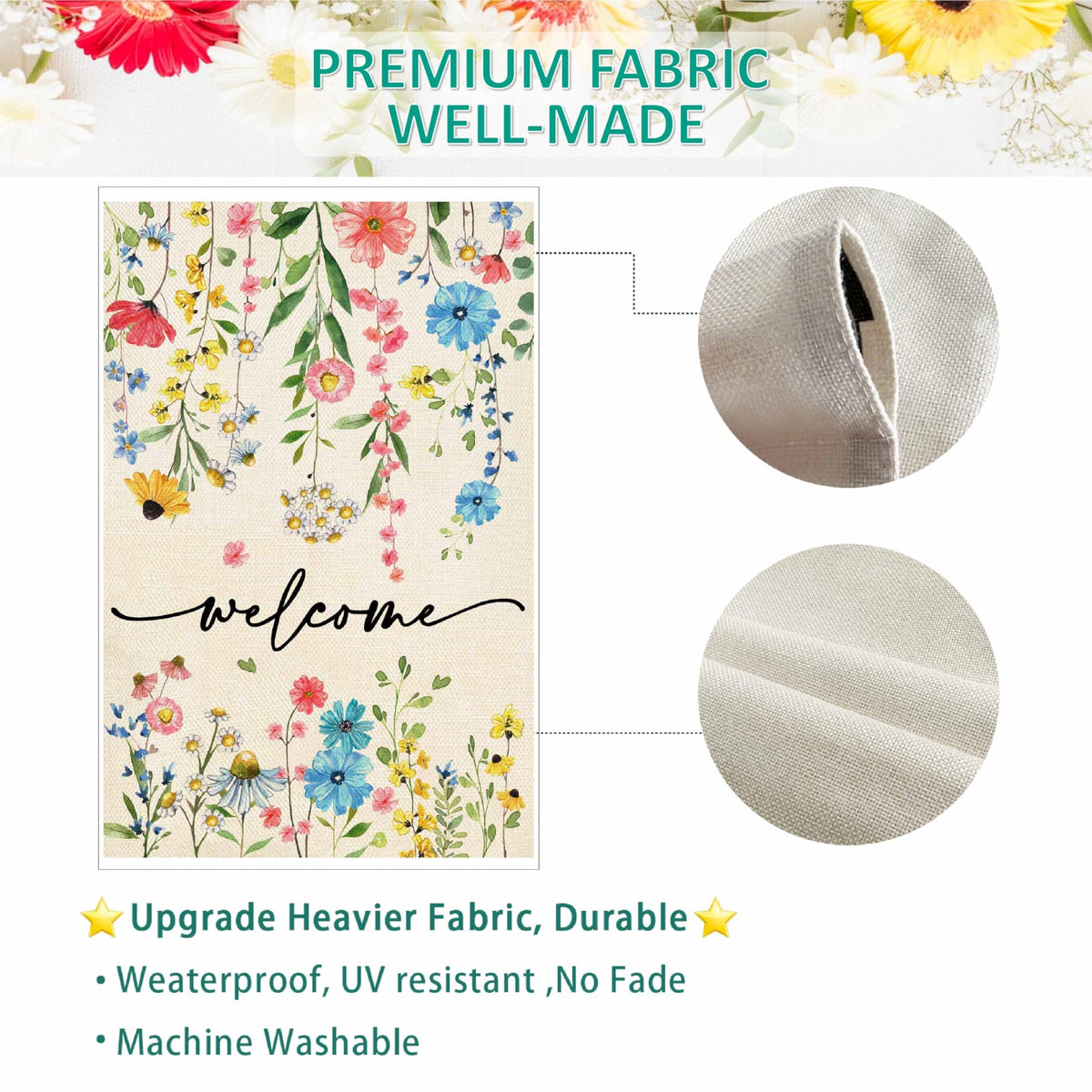 Baccessor Flower banner detail reveals vibrant motif for yard or porch.