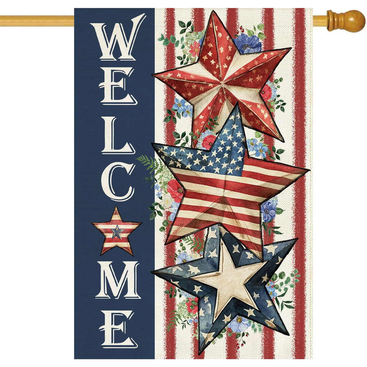 Baccessor 4th of July burlap flag front view with double-sided USA stars for outdoor welcome.