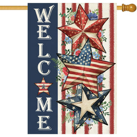 Baccessor 4th of July burlap flag front view with double-sided USA stars for outdoor welcome.