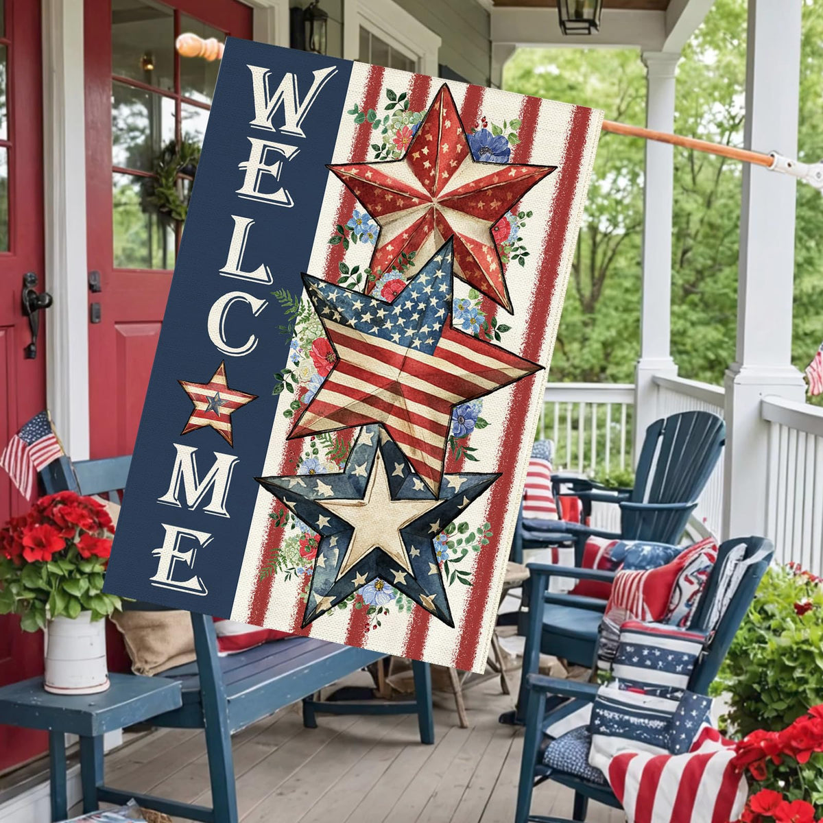 Baccessor patriotic yard flag side view highlights vibrant colors for Memorial Day celebrations.