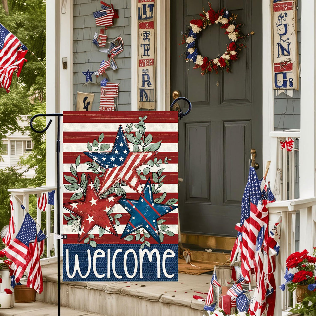 Baccessor Fourth of July welcome flag on burlap, ideal for festive curb appeal.