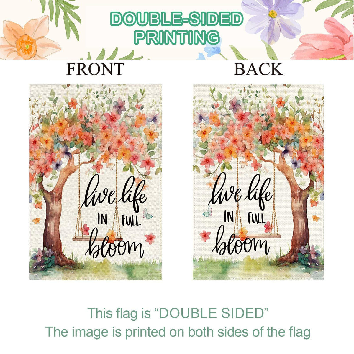 Baccessor Floral tree design flag enhances garden ambiance with seasonal charm.