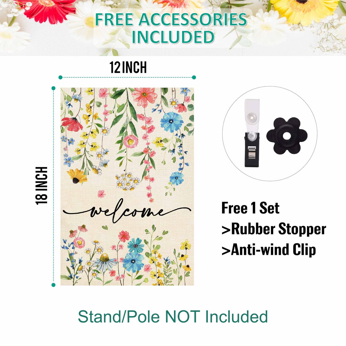 Baccessor Garden flag on patio stand demonstrates easy outdoor decor setup.