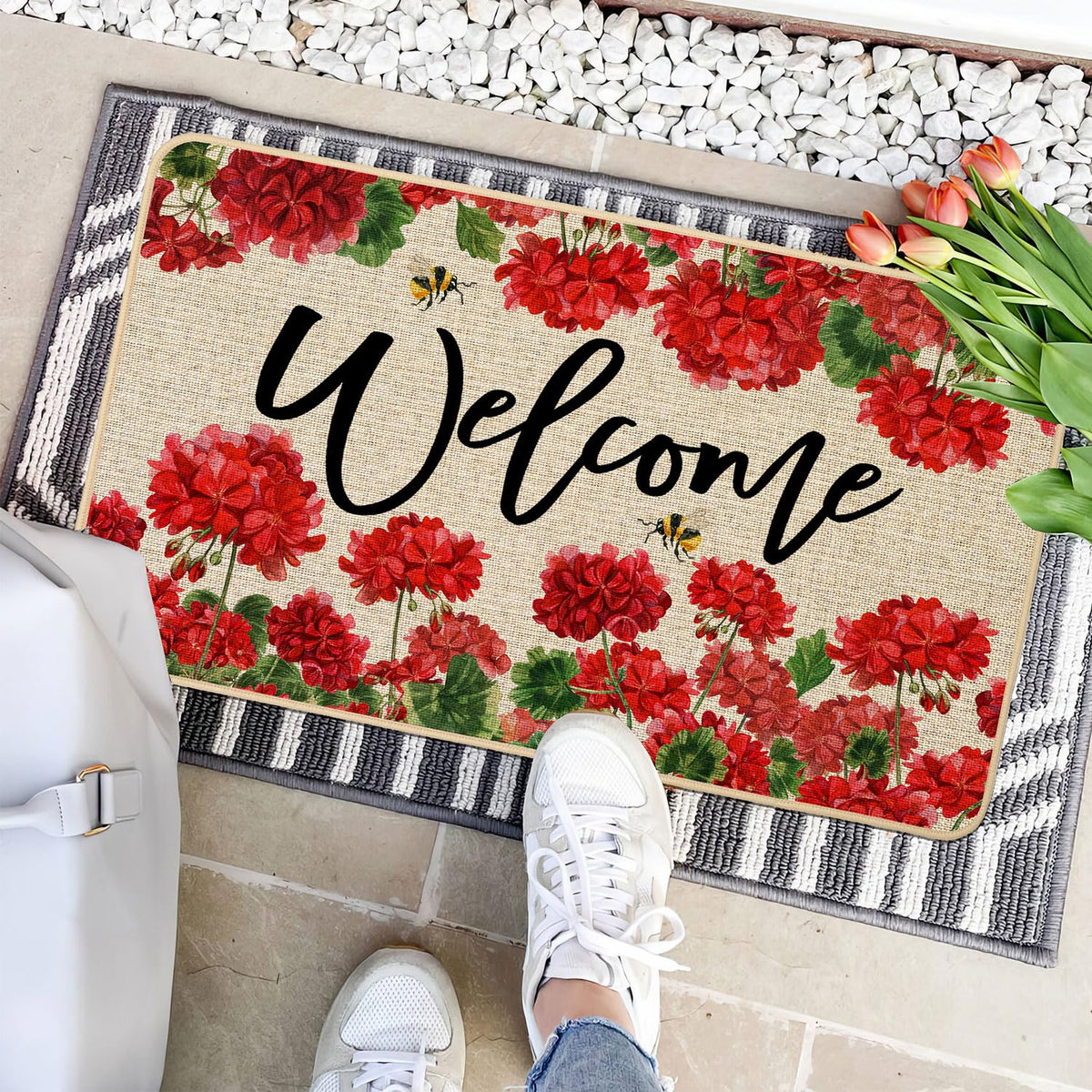 Baccessor doormat burlap surface traps dirt and moisture at threshold.