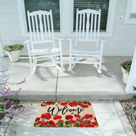 Seasonal geranium motif provides a welcoming farmhouse aesthetic.