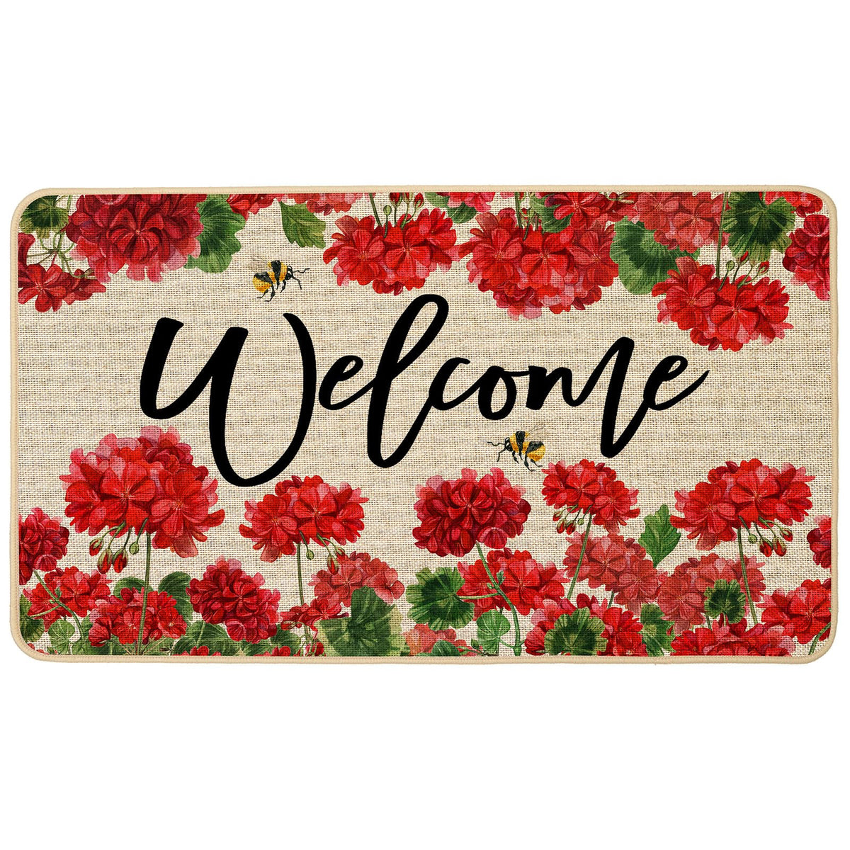 Baccessor geranium doormat on front porch outdoors with non-slip backing.