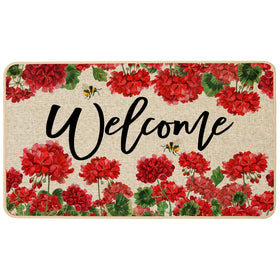 Baccessor geranium doormat on front porch outdoors with non-slip backing.