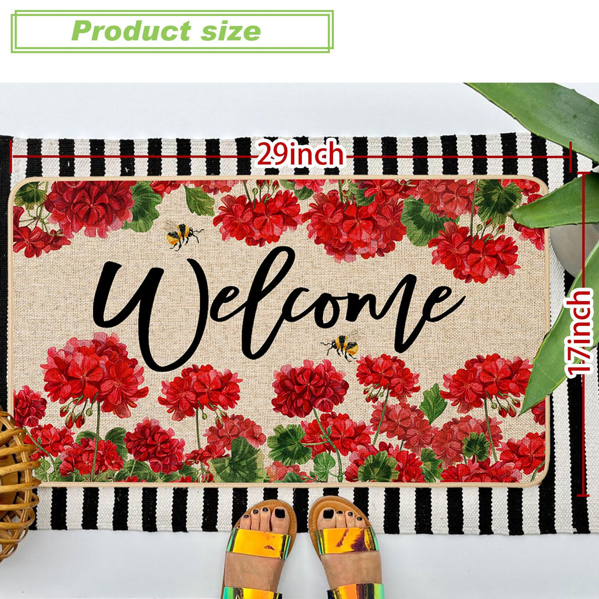 Baccessor geranium doormat with non-slip rubber backing stays in place.