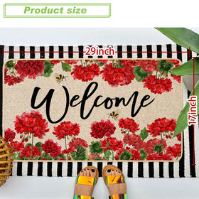 Baccessor geranium doormat with non-slip rubber backing stays in place.